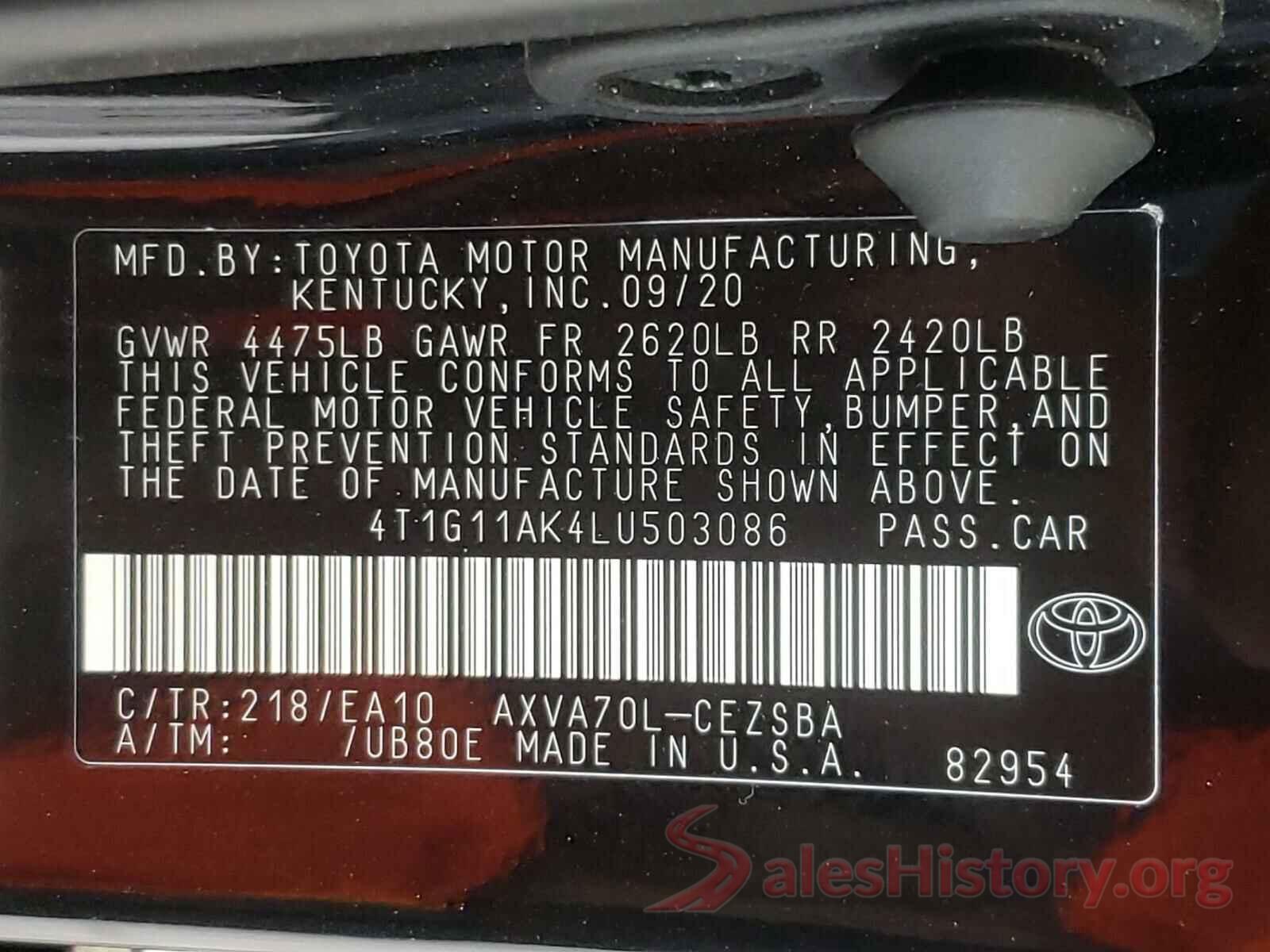 4T1G11AK4LU503086 2020 TOYOTA CAMRY