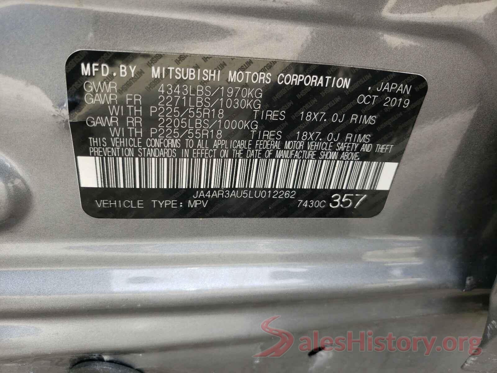 JA4AR3AU5LU012262 2020 MITSUBISHI OUTLANDER