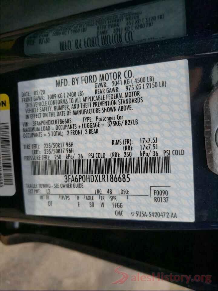 3FA6P0HDXLR186685 2020 FORD FUSION