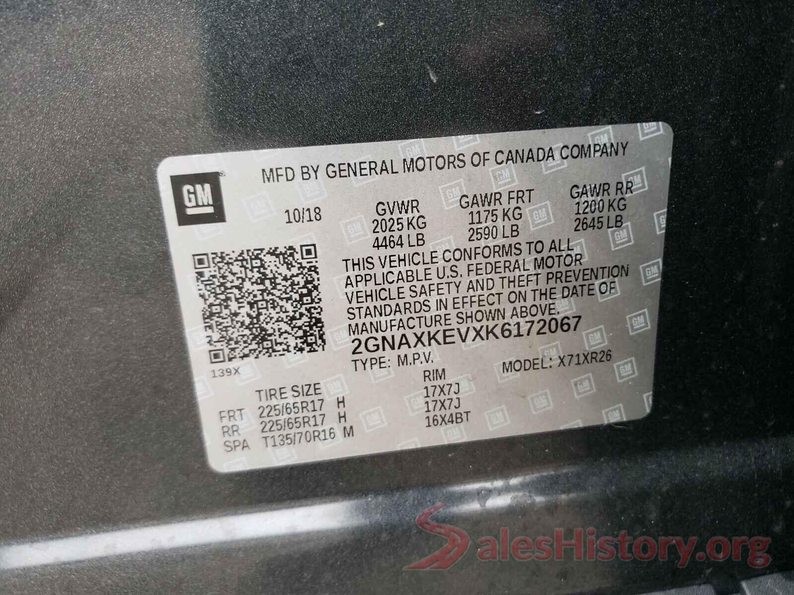 2GNAXKEVXK6172067 2019 CHEVROLET EQUINOX