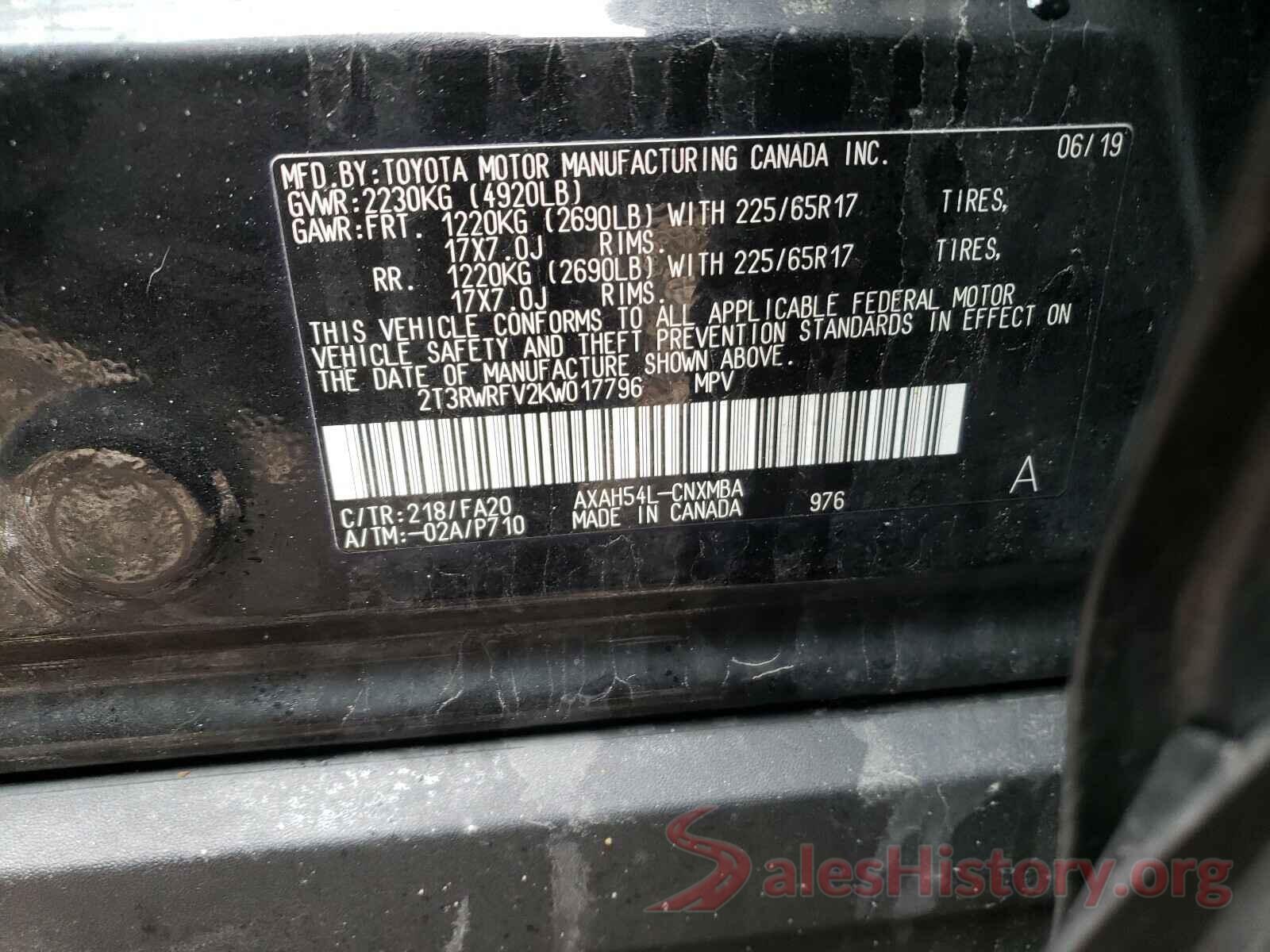 2T3RWRFV2KW017796 2019 TOYOTA RAV4