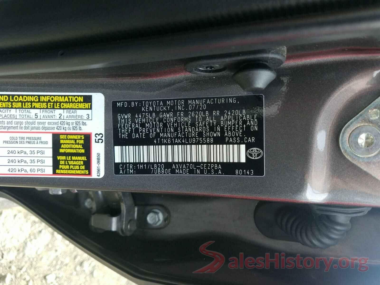 4T1K61AK4LU975588 2020 TOYOTA CAMRY