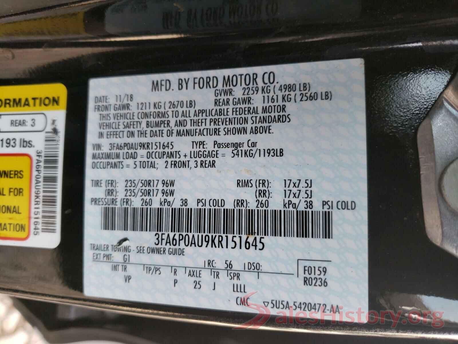 3FA6P0AU9KR151645 2019 FORD FUSION