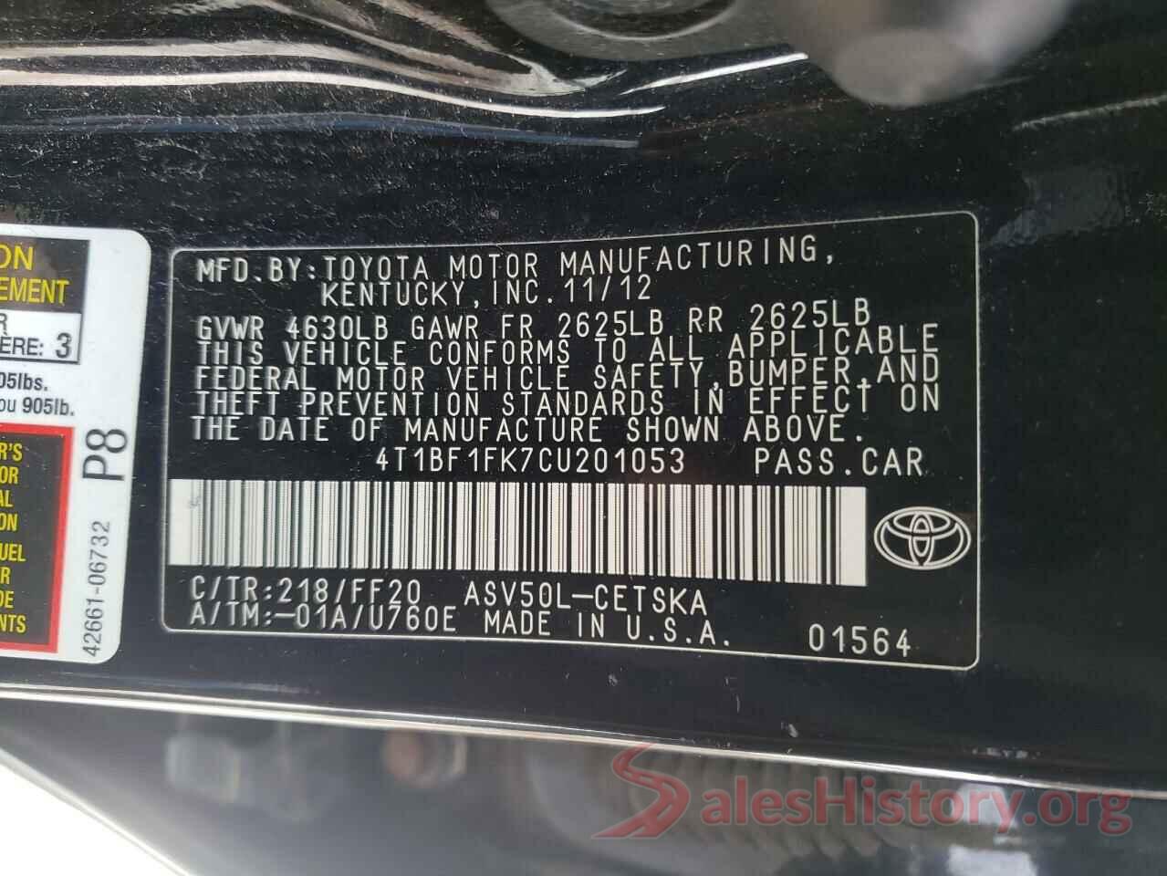 4T1BF1FK7CU201053 2012 TOYOTA CAMRY