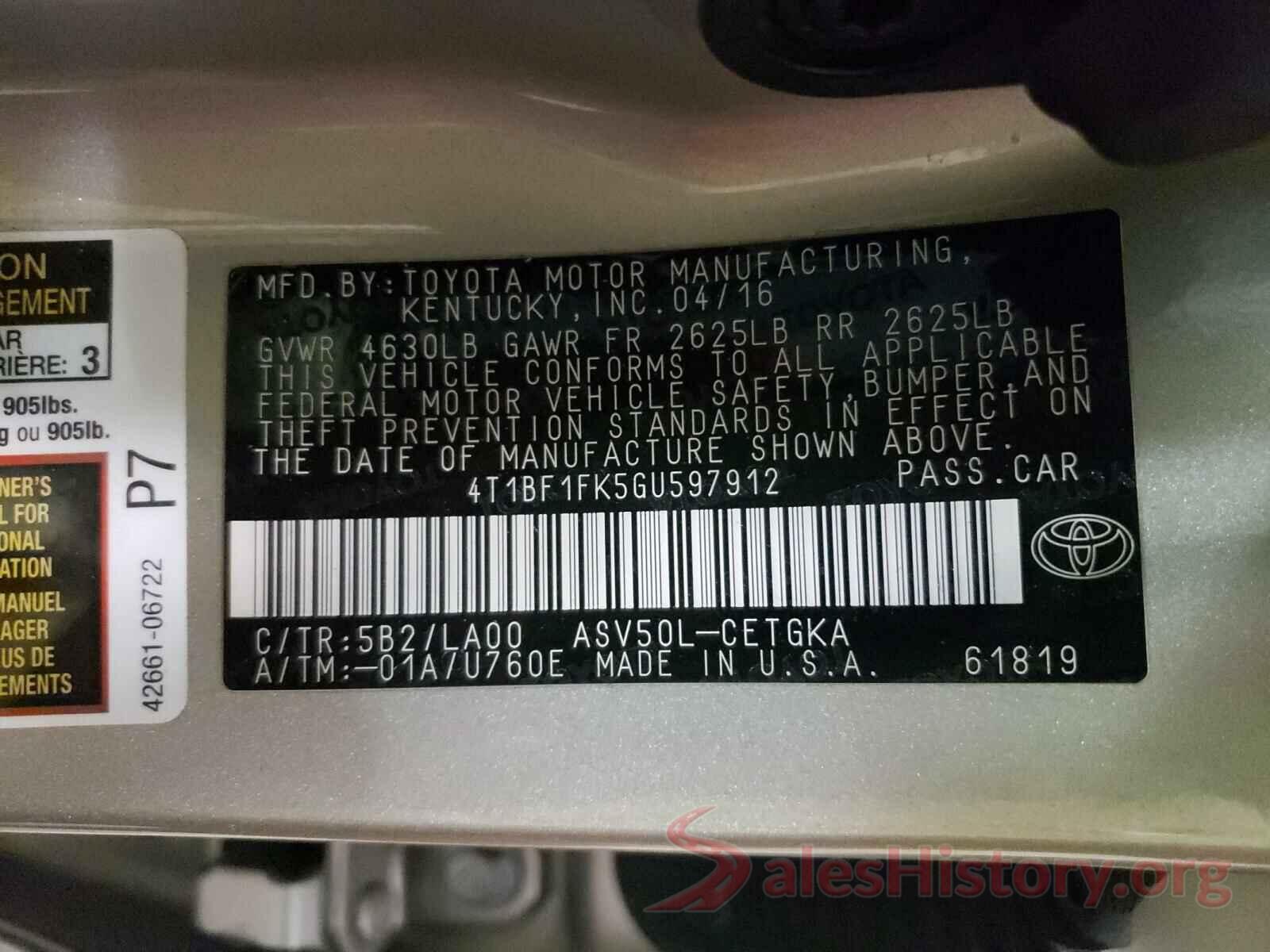 4T1BF1FK5GU597912 2016 TOYOTA CAMRY