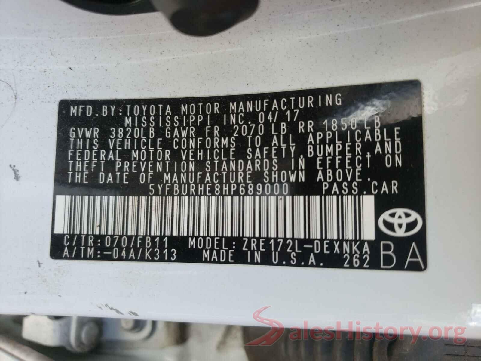 5YFBURHE8HP689000 2017 TOYOTA COROLLA