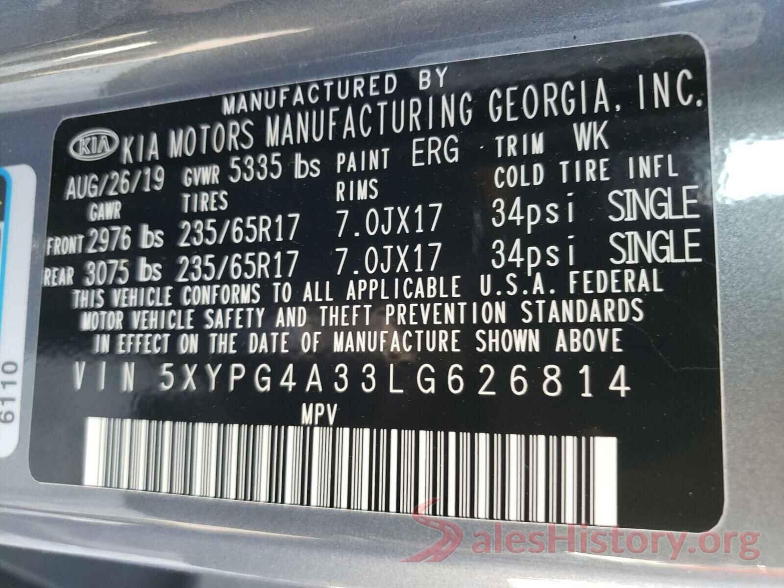 5XYPG4A33LG626814 2020 KIA SORENTO