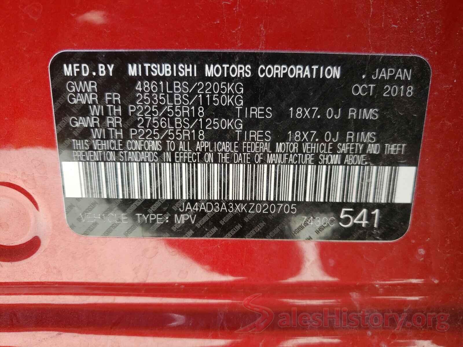 JA4AD3A3XKZ020705 2019 MITSUBISHI OUTLANDER