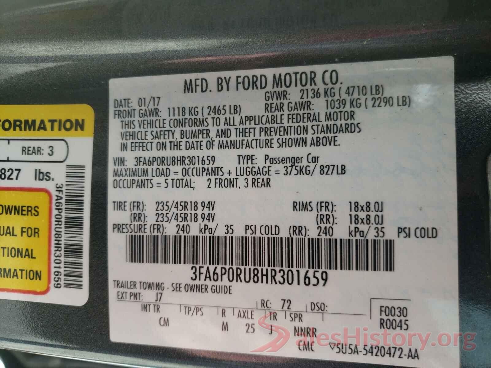 3FA6P0RU8HR301659 2017 FORD FUSION