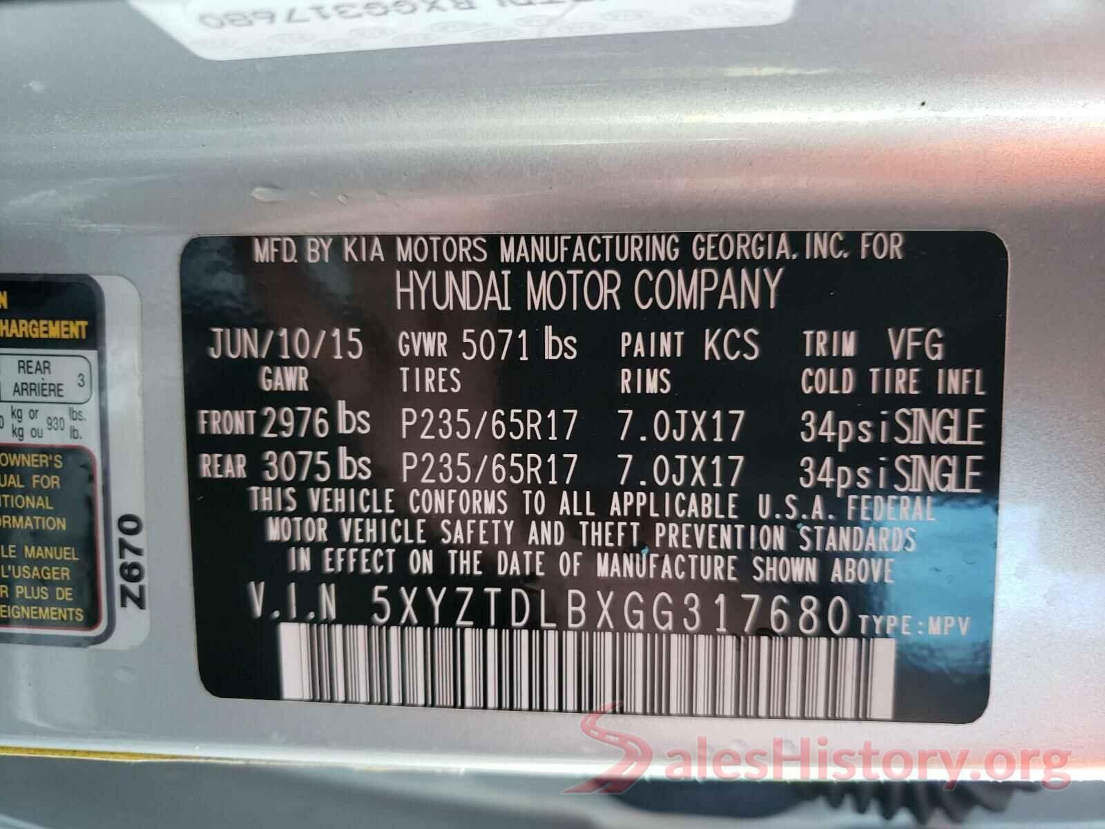 5XYZTDLBXGG317680 2016 HYUNDAI SANTA FE