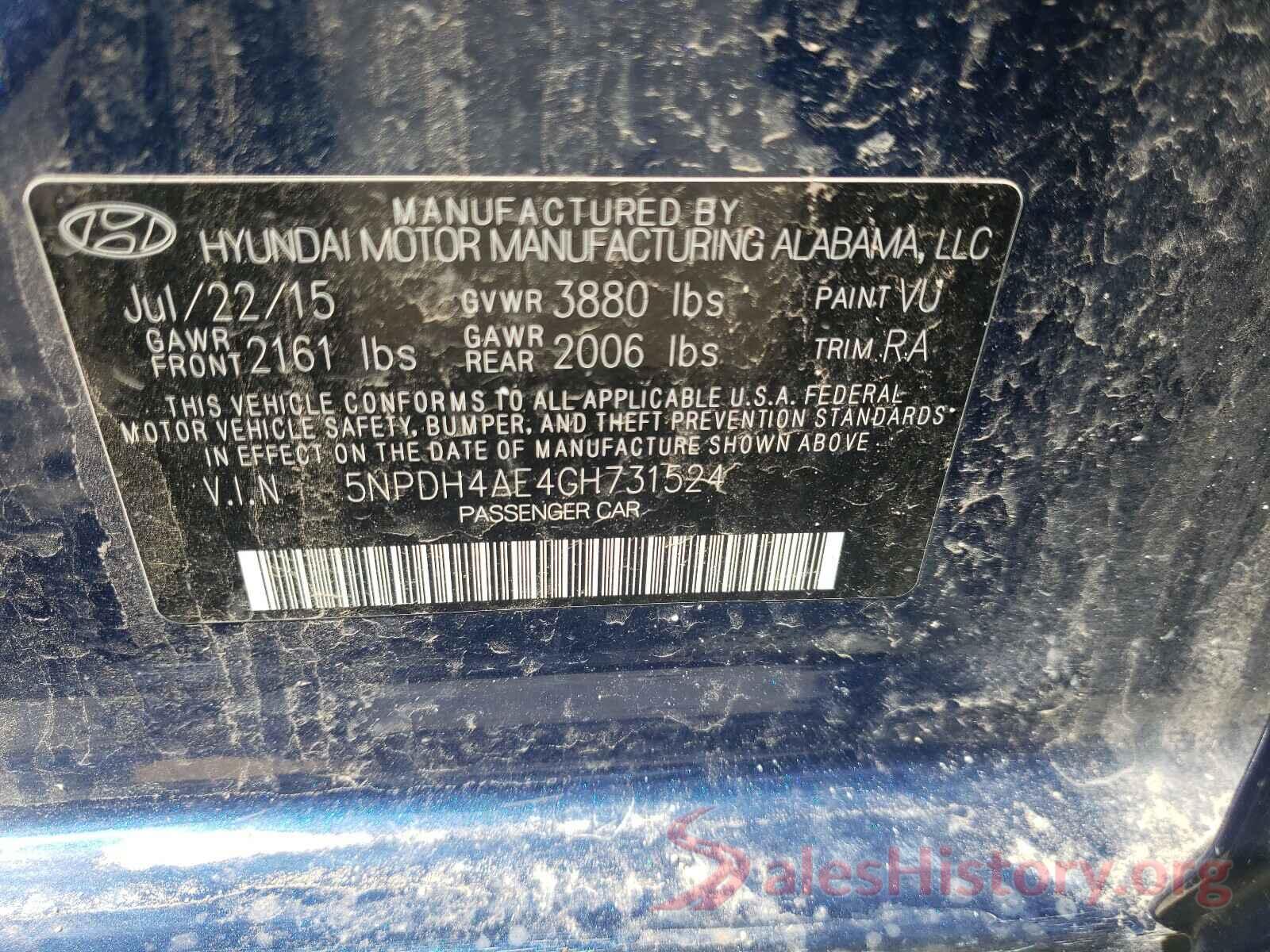 5NPDH4AE4GH731524 2016 HYUNDAI ELANTRA