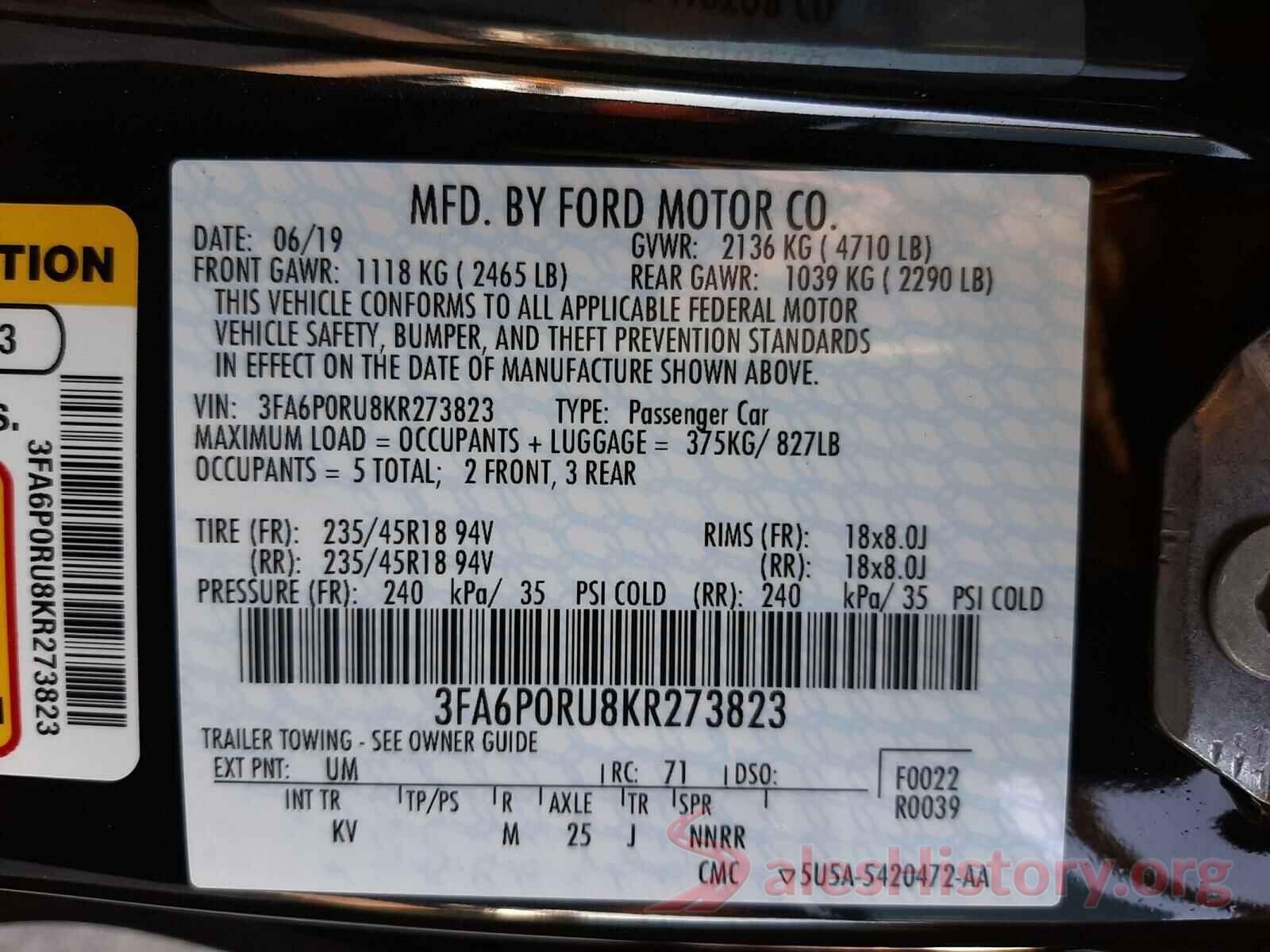 3FA6P0RU8KR273823 2019 FORD FUSION