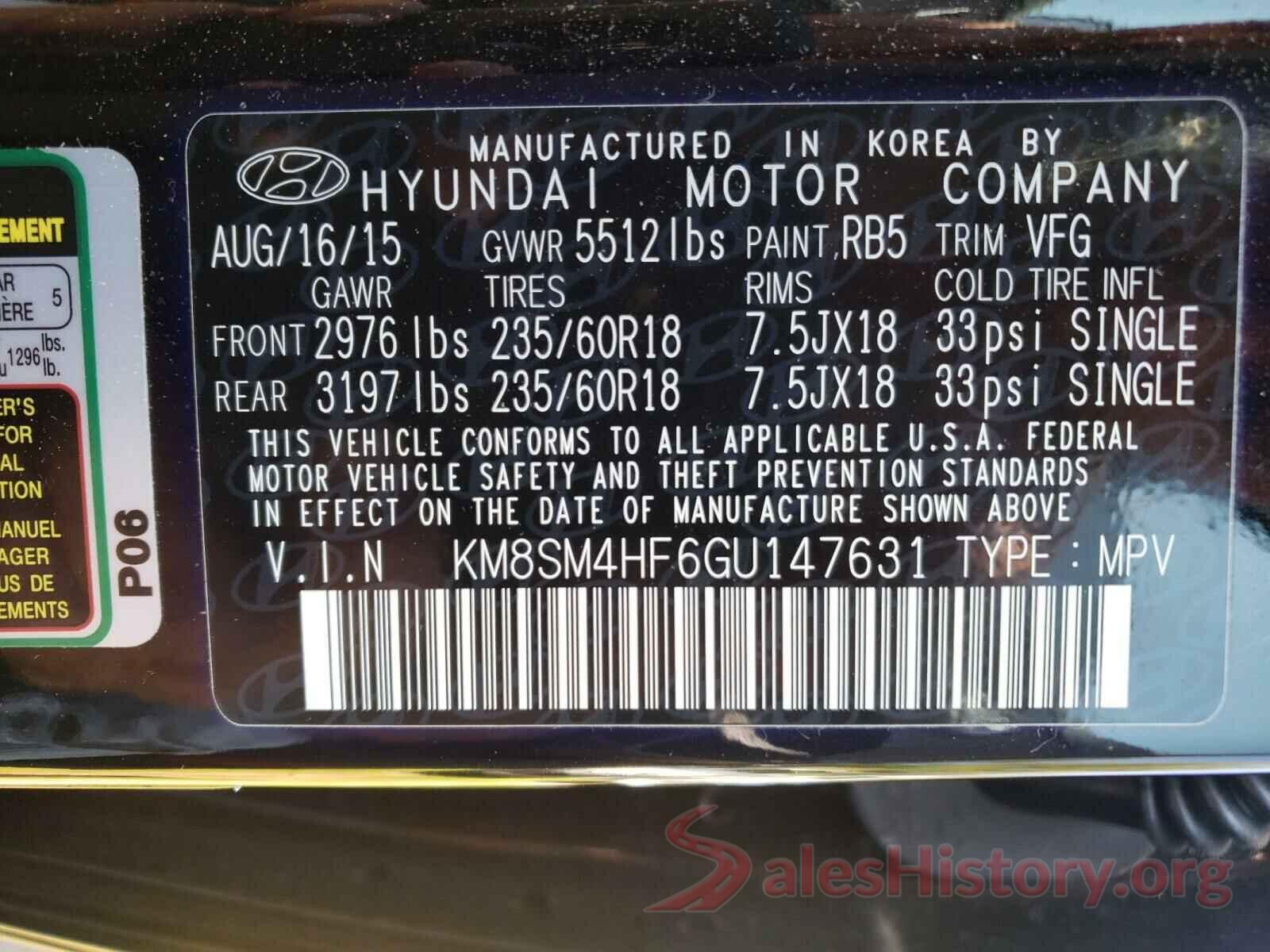 KM8SM4HF6GU147631 2016 HYUNDAI SANTA FE