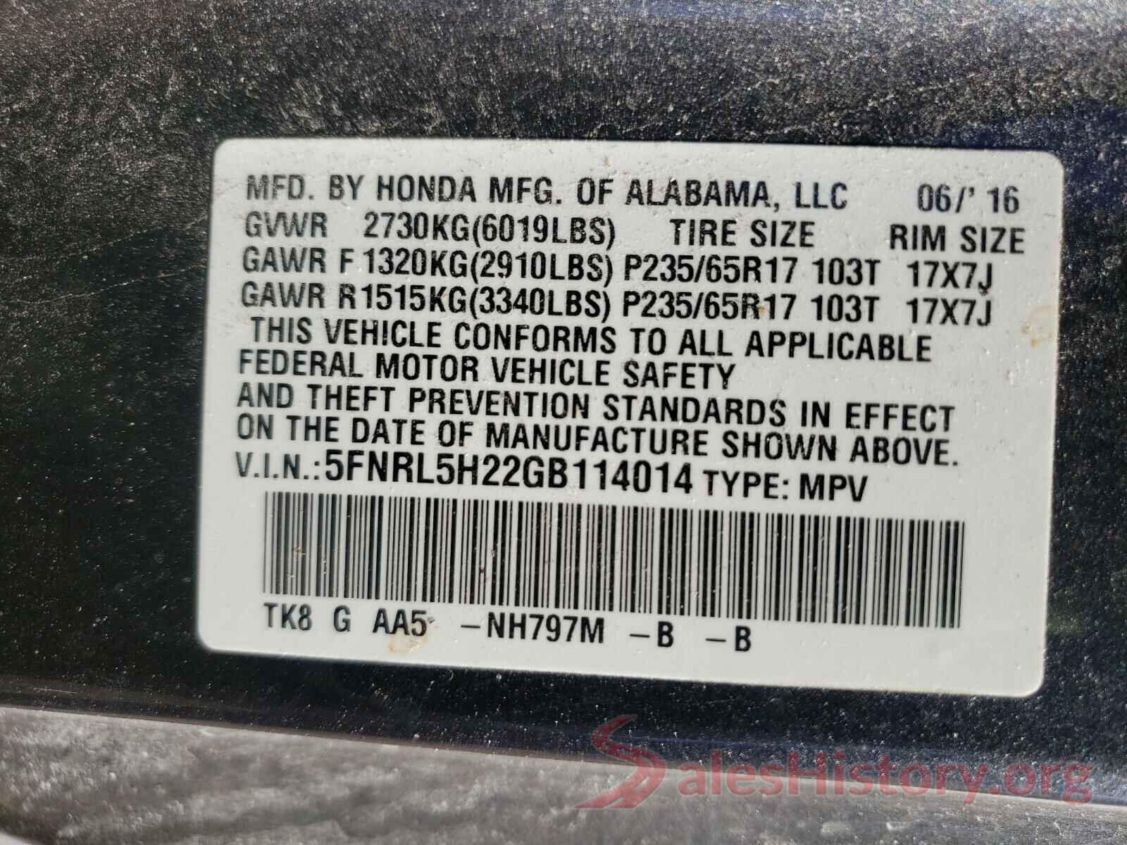 5FNRL5H22GB114014 2016 HONDA ODYSSEY