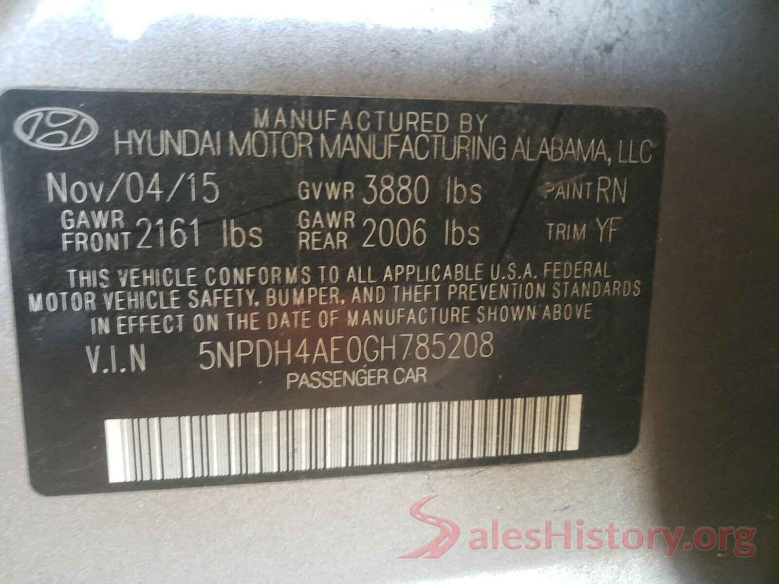 5NPDH4AE0GH785208 2016 HYUNDAI ELANTRA