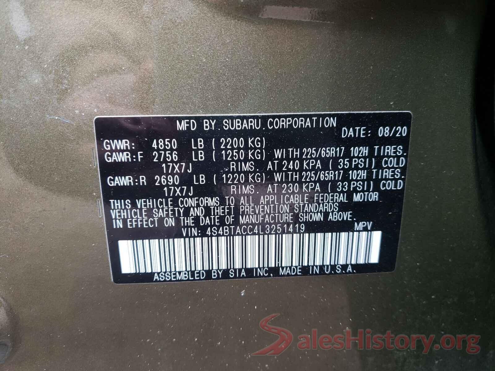 4S4BTACC4L3251419 2020 SUBARU OUTBACK