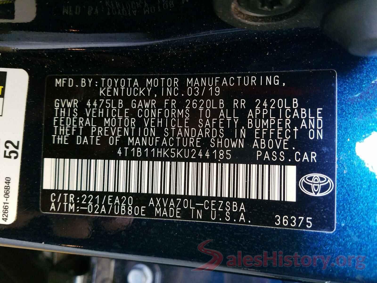 4T1B11HK5KU244185 2019 TOYOTA CAMRY