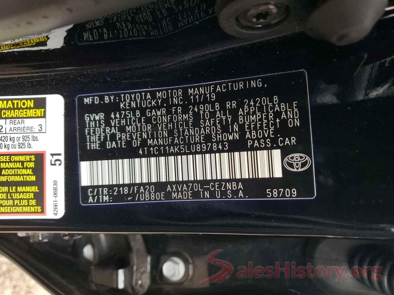 4T1C11AK5LU897843 2020 TOYOTA CAMRY