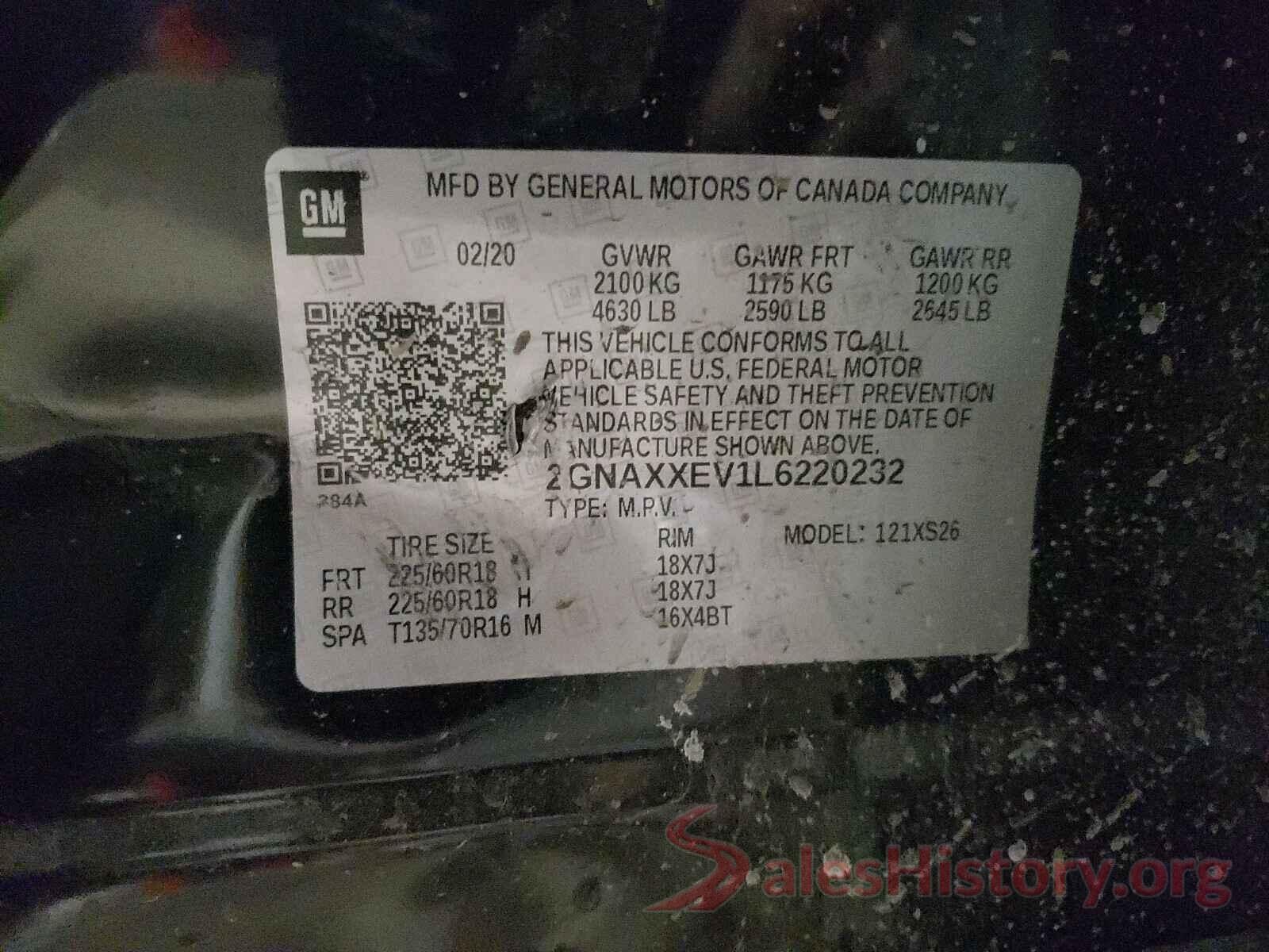 2GNAXXEV1L6220232 2020 CHEVROLET EQUINOX