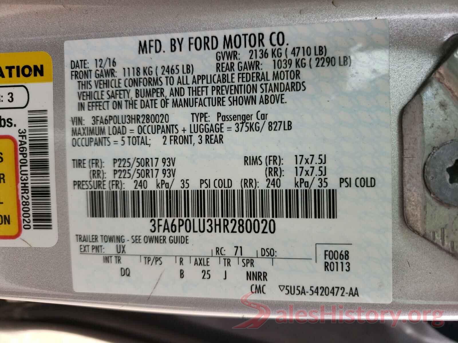 3FA6P0LU3HR280020 2017 FORD FUSION