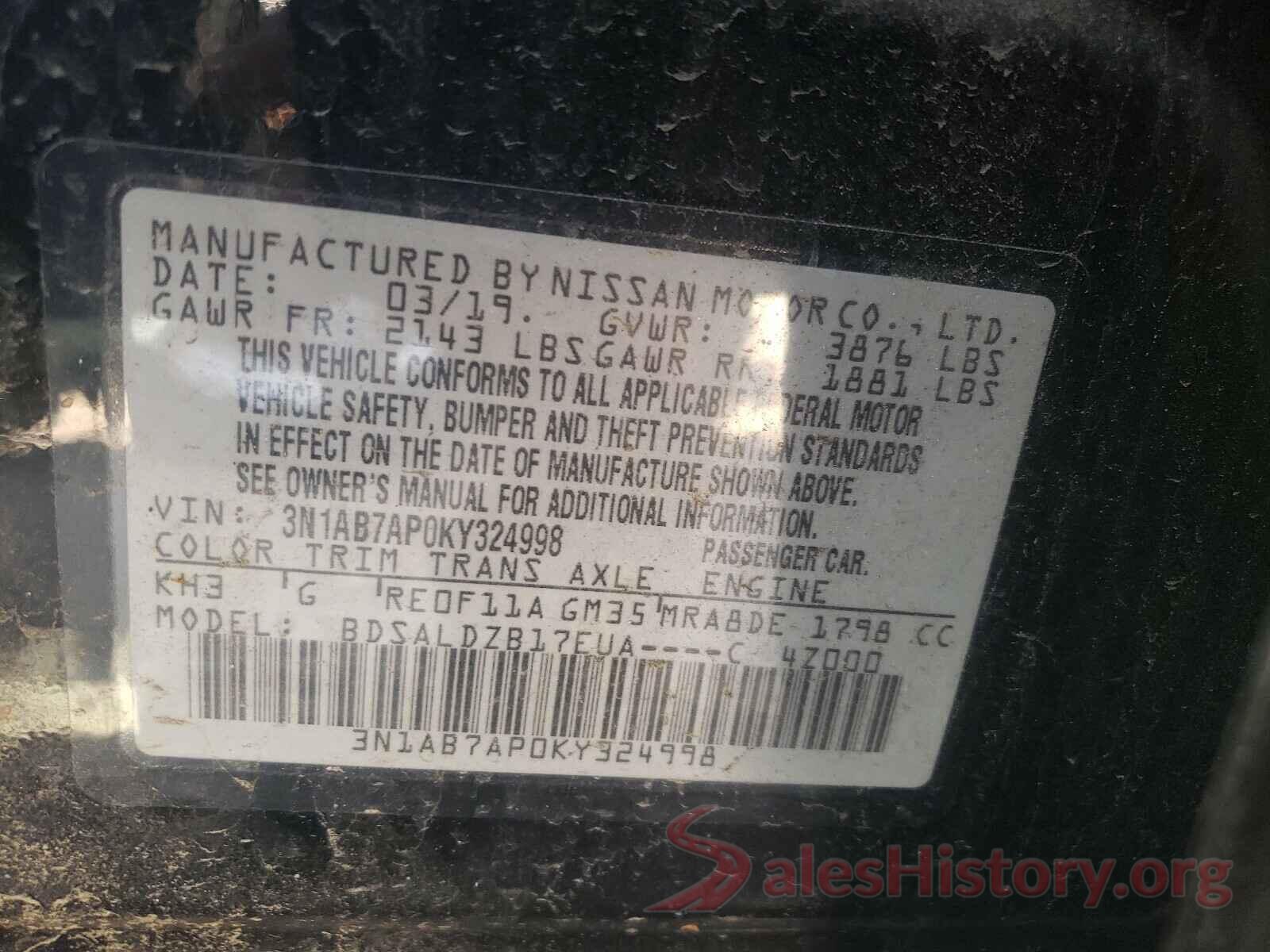 3N1AB7AP0KY324998 2019 NISSAN SENTRA