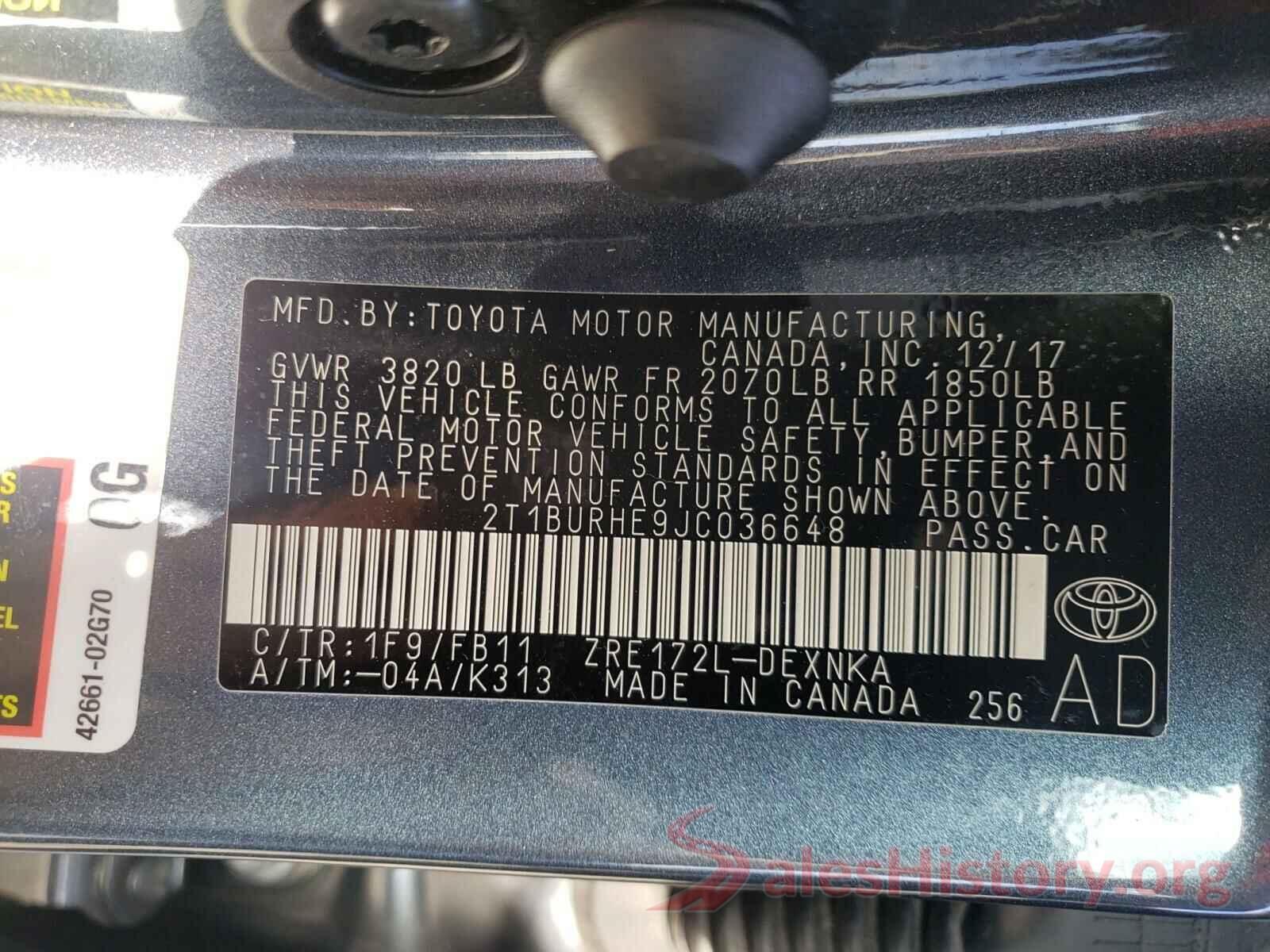 2T1BURHE9JC036648 2018 TOYOTA COROLLA