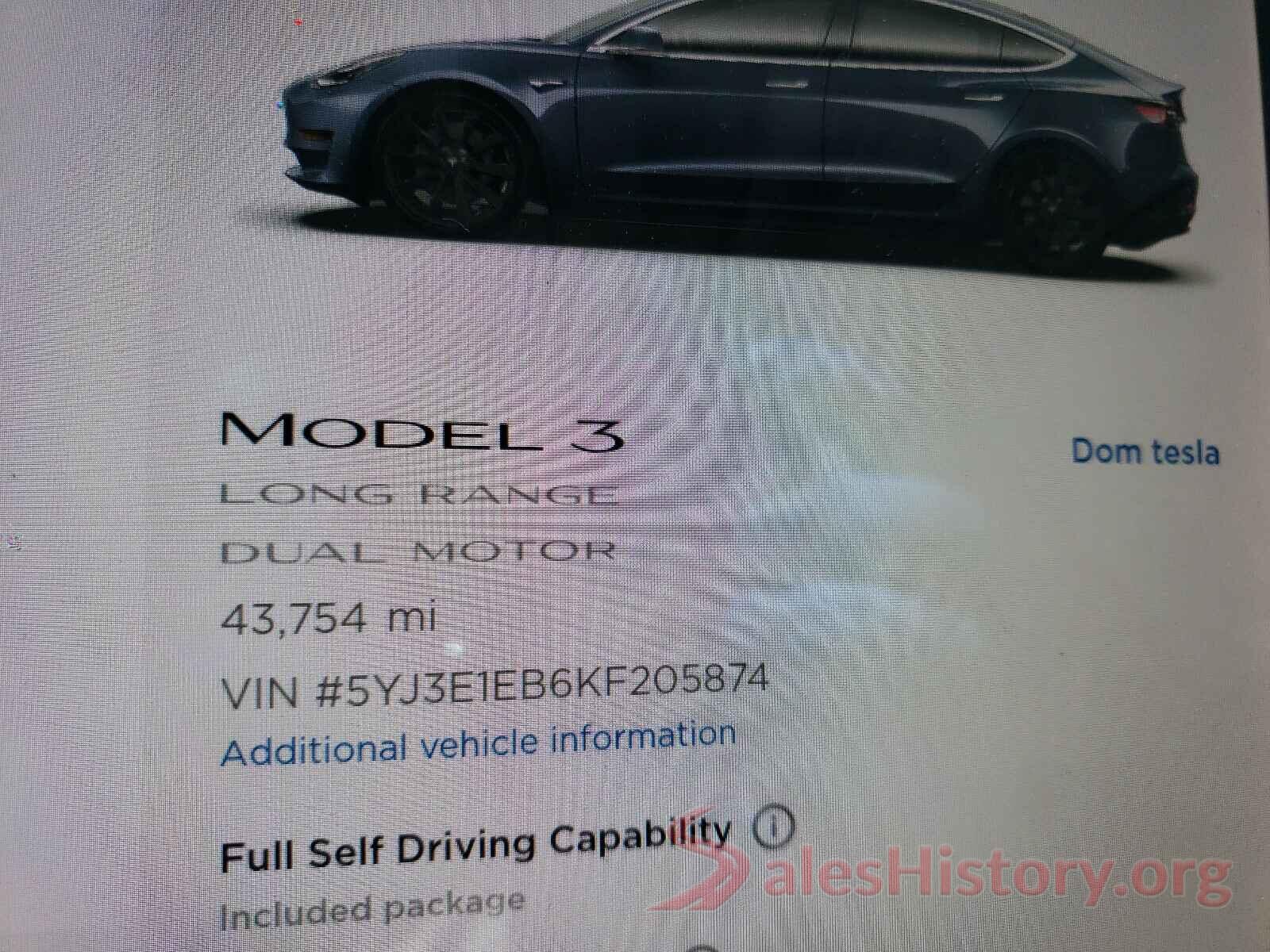 5YJ3E1EB6KF205874 2019 TESLA MODEL 3