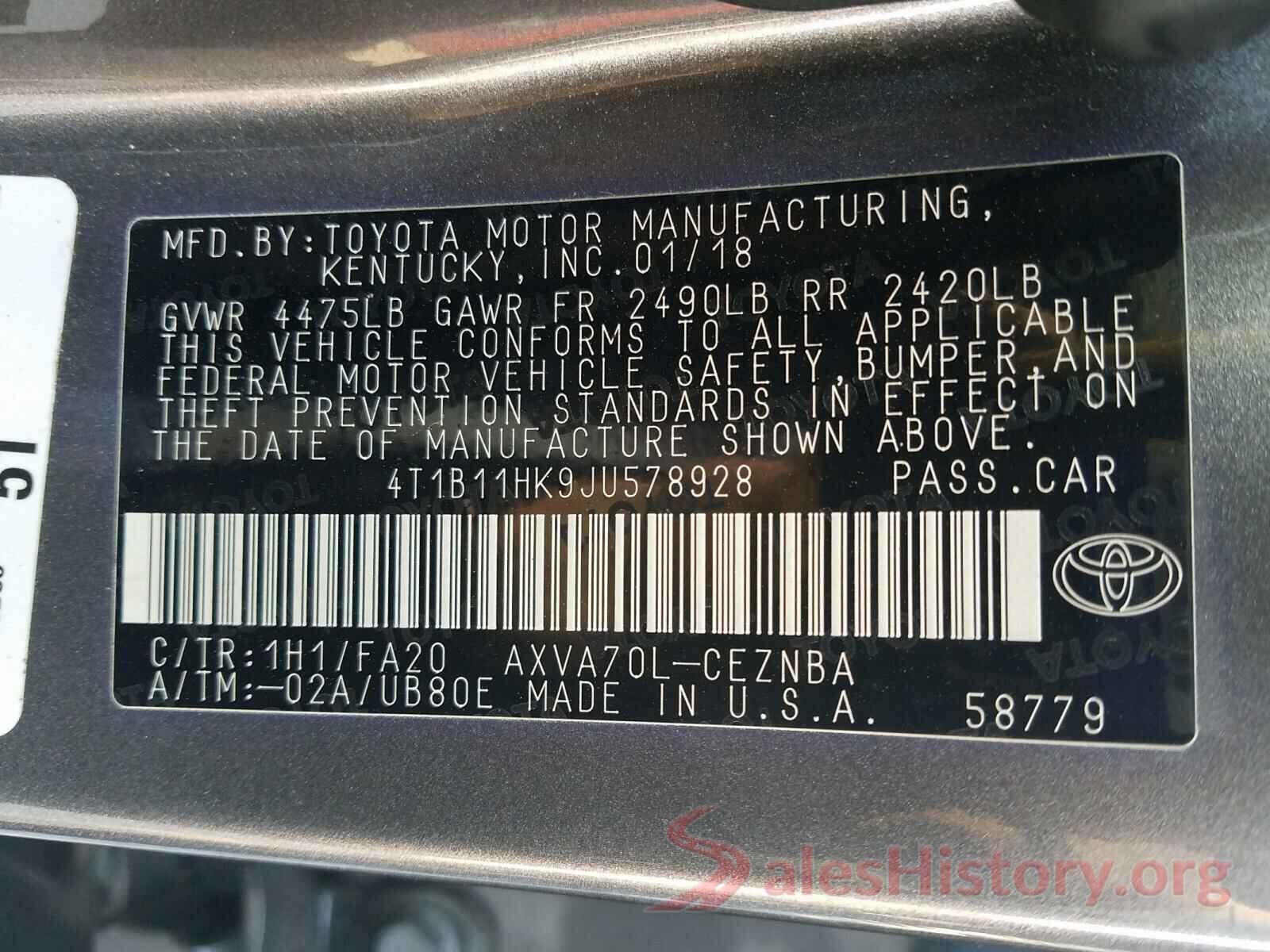 4T1B11HK9JU578928 2018 TOYOTA CAMRY