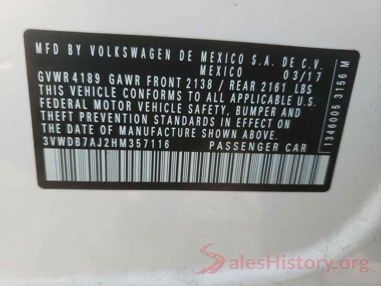 3VWDB7AJ2HM357116 2017 VOLKSWAGEN JETTA