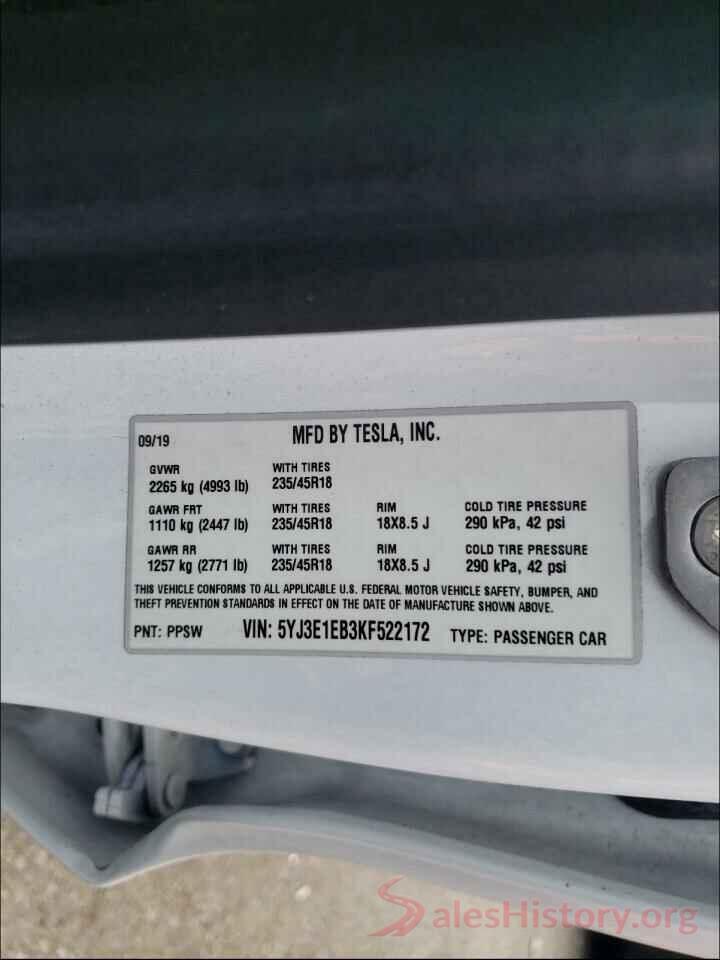 5YJ3E1EB3KF522172 2019 TESLA MODEL 3