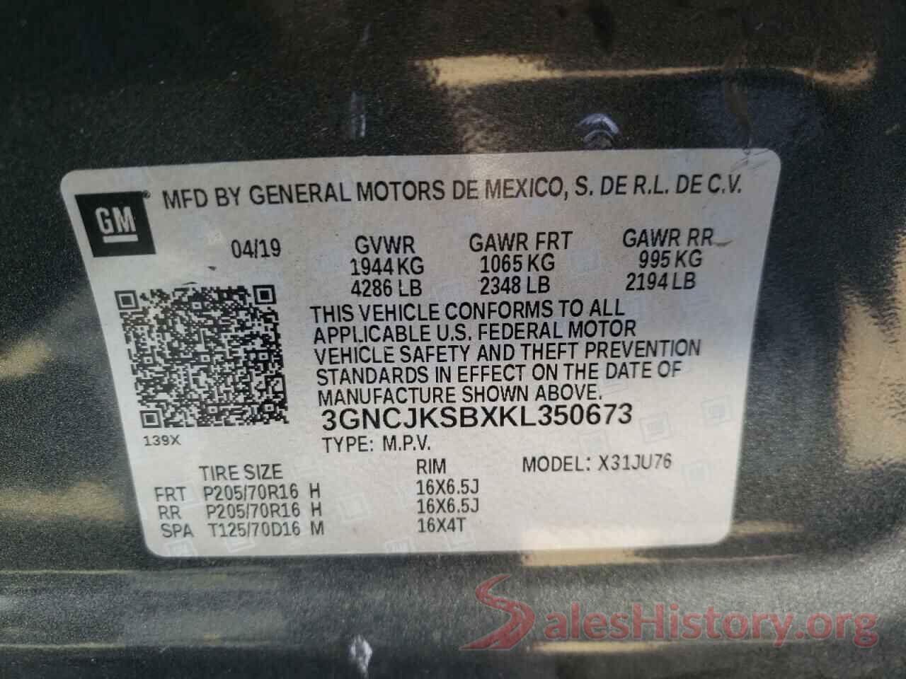 3GNCJKSBXKL350673 2019 CHEVROLET TRAX