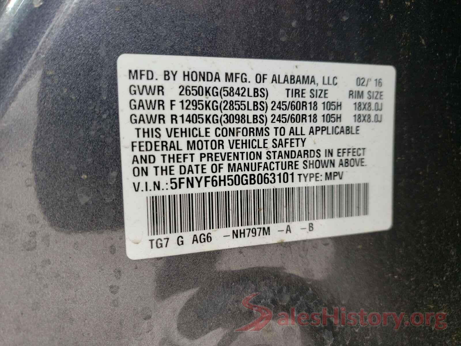 5FNYF6H50GB063101 2016 HONDA PILOT