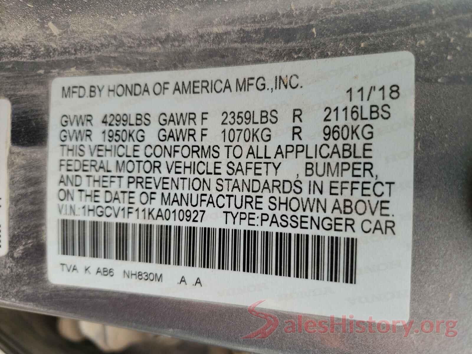 1HGCV1F11KA010927 2019 HONDA ACCORD