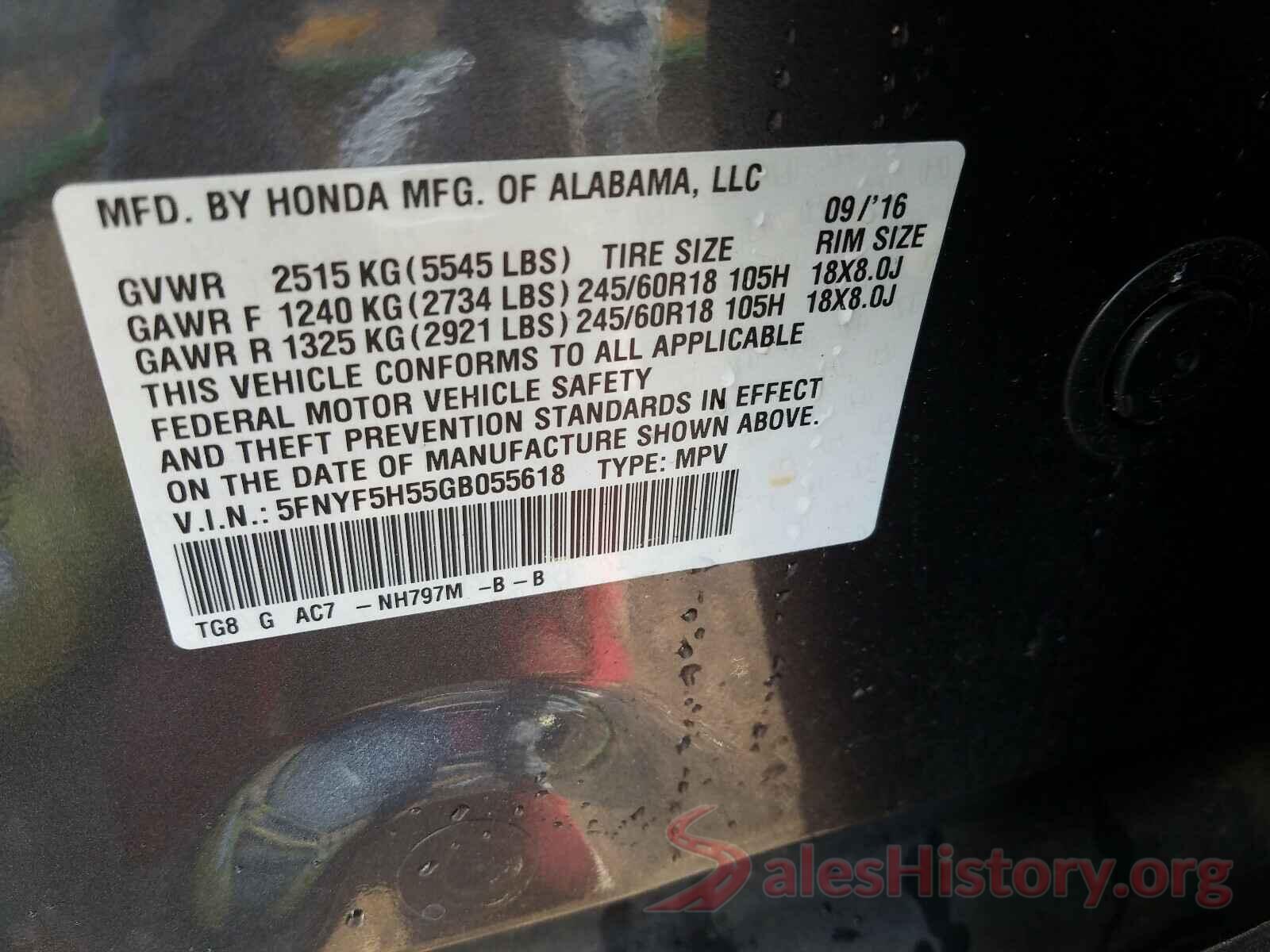 5FNYF5H55GB055618 2016 HONDA PILOT