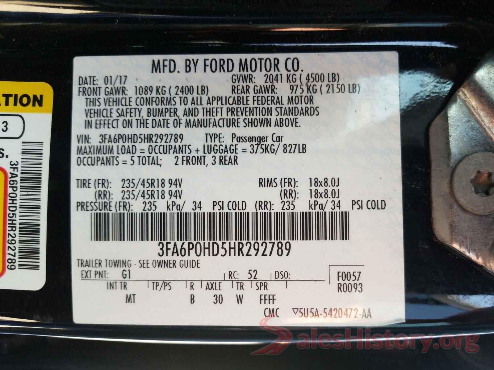 3FA6P0HD5HR292789 2017 FORD FUSION