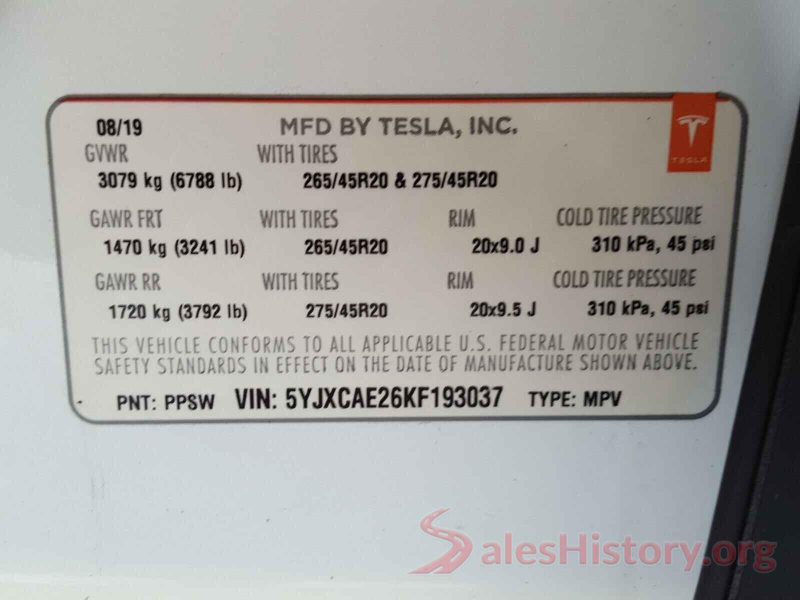 5YJXCAE26KF193037 2019 TESLA MODEL X