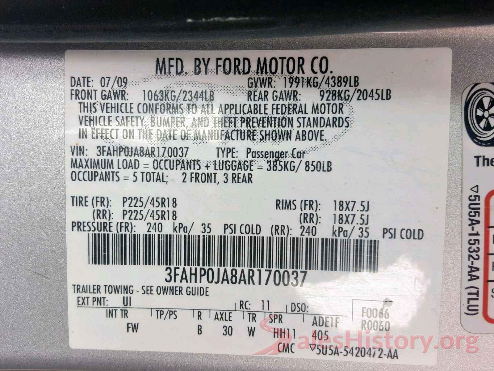 3FAHP0JA8AR170037 2010 FORD FUSION SEL