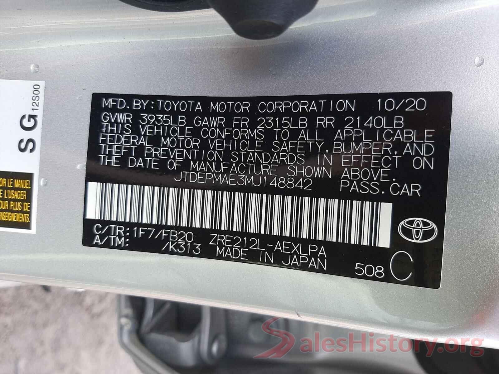 JTDEPMAE3MJ148842 2021 TOYOTA COROLLA