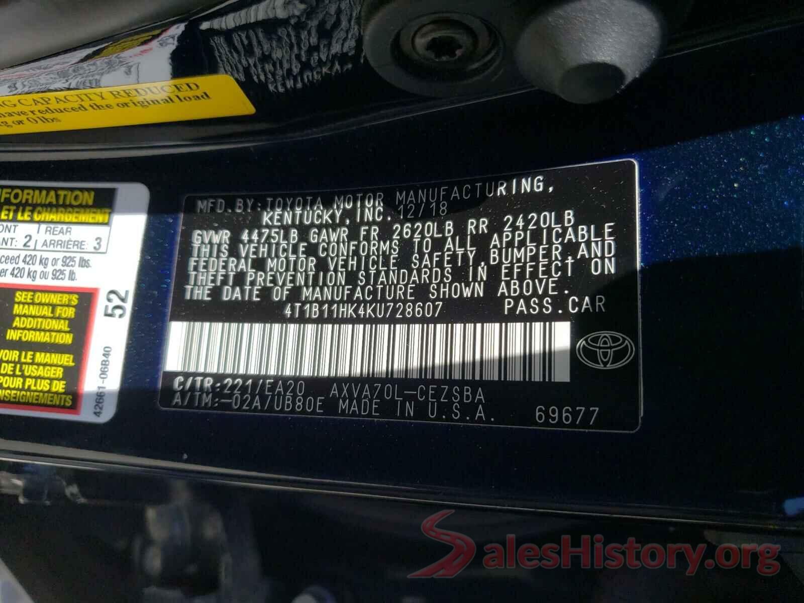 4T1B11HK4KU728607 2019 TOYOTA CAMRY