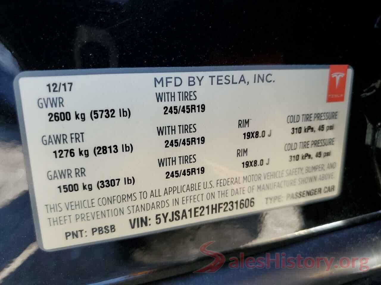 5YJSA1E21HF231606 2017 TESLA MODEL S