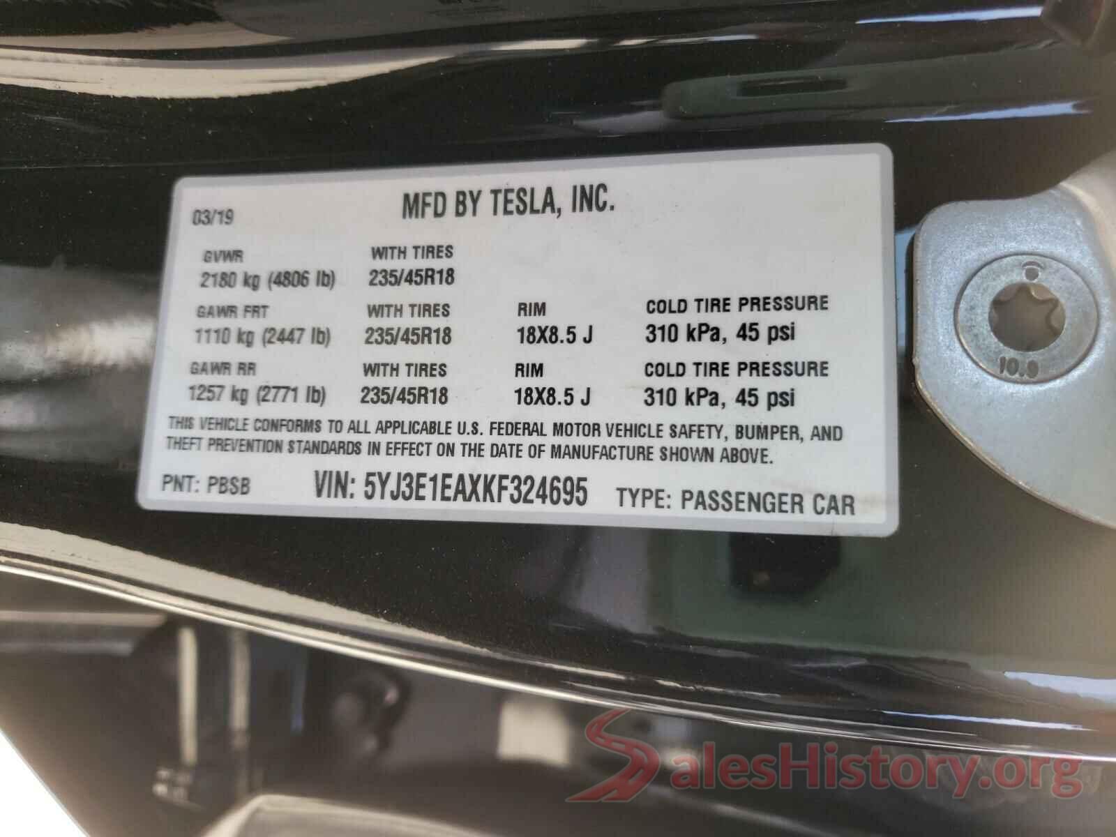 5YJ3E1EAXKF324695 2019 TESLA MODEL 3