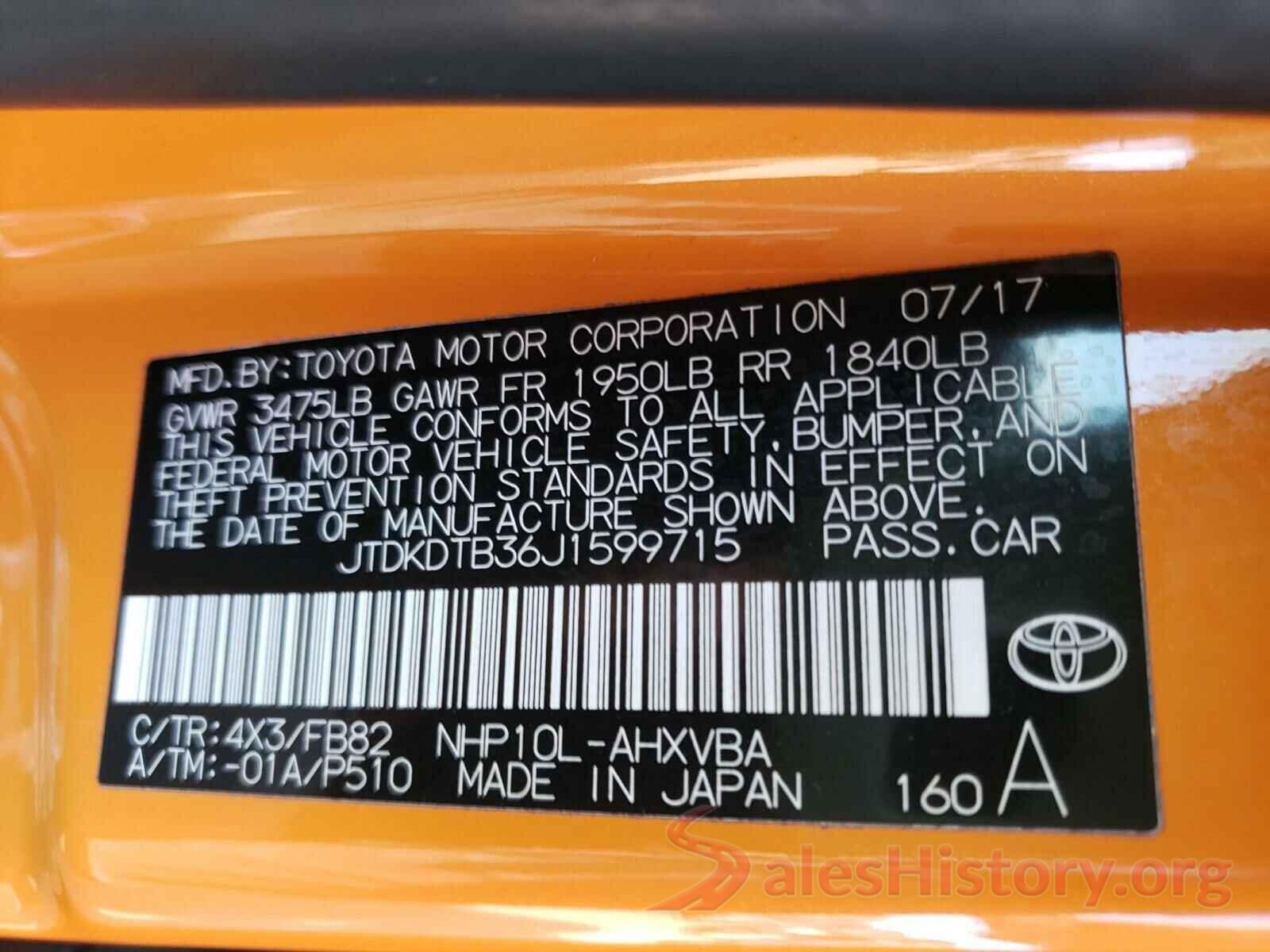 JTDKDTB36J1599715 2018 TOYOTA PRIUS