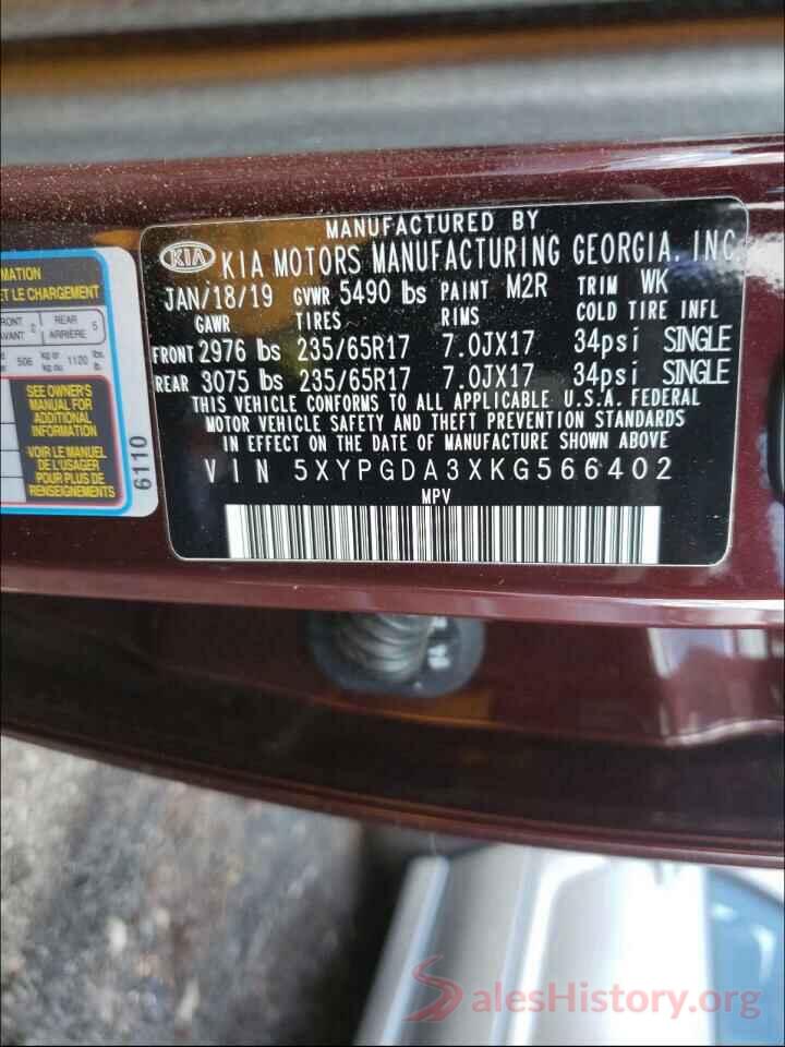 5XYPGDA3XKG566402 2019 KIA SORENTO