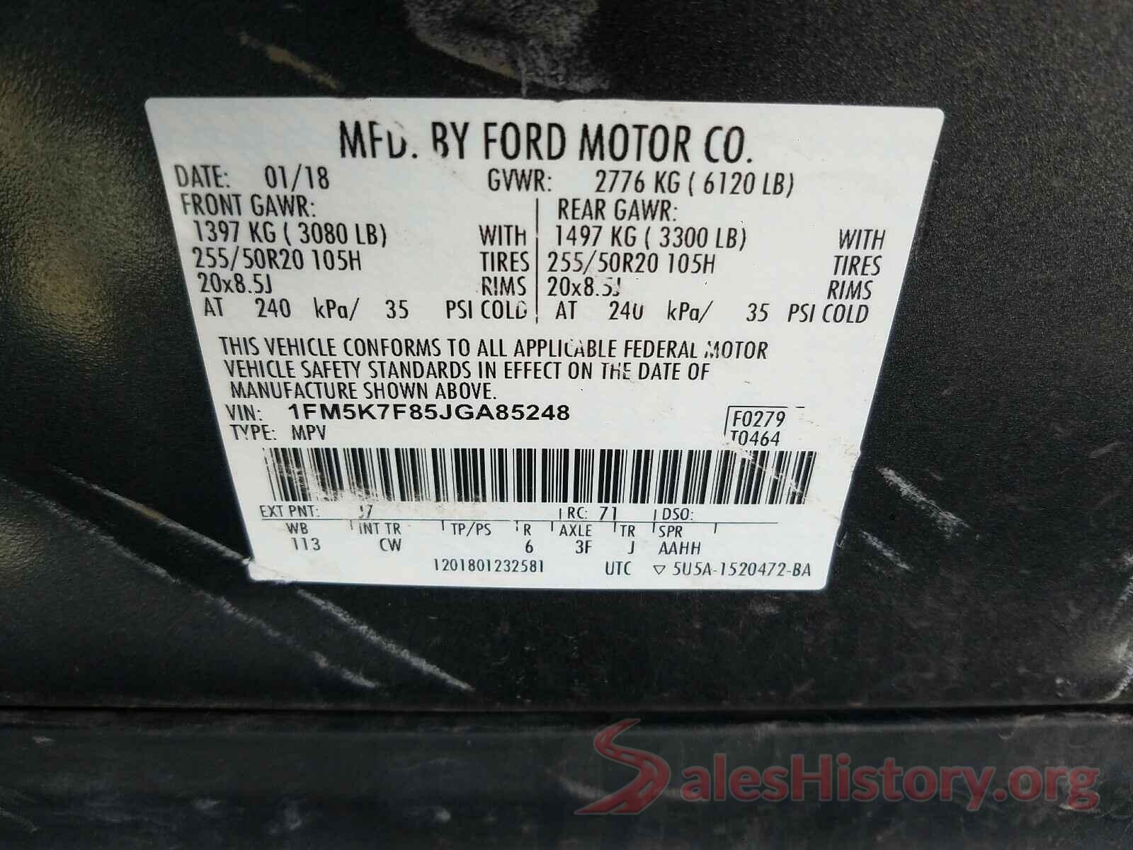 1FM5K7F85JGA85248 2018 FORD EXPLORER