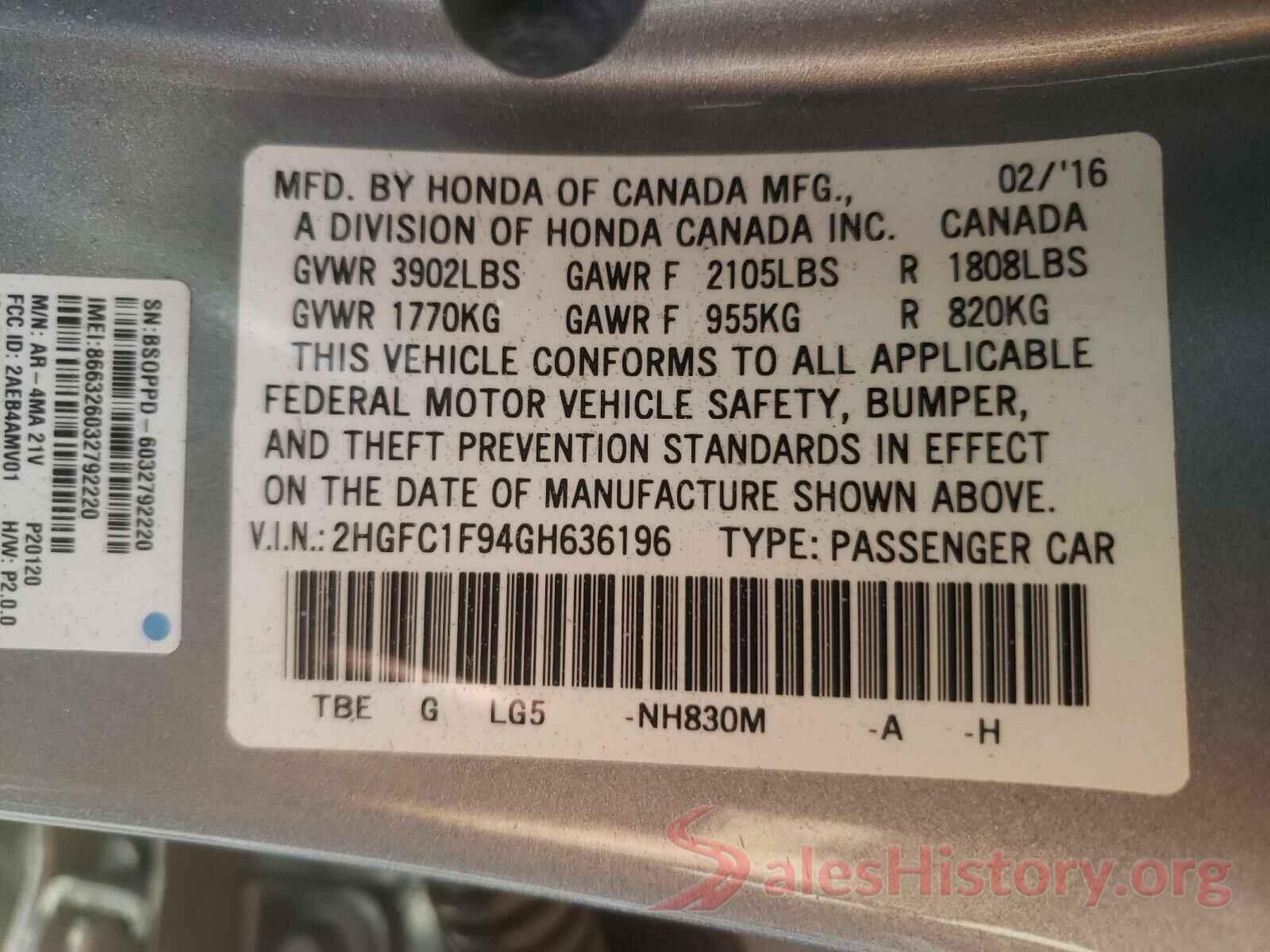 2HGFC1F94GH636196 2016 HONDA CIVIC