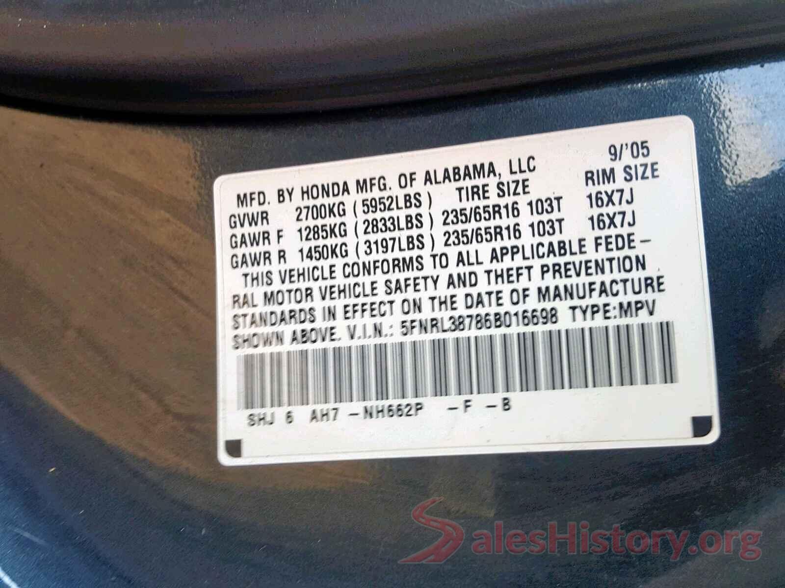 5FNRL38786B016698 2006 HONDA ODYSSEY EX