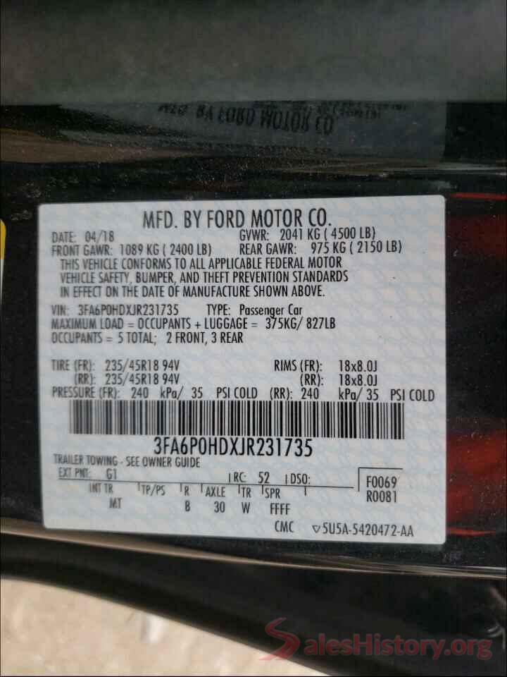 3FA6P0HDXJR231735 2018 FORD FUSION