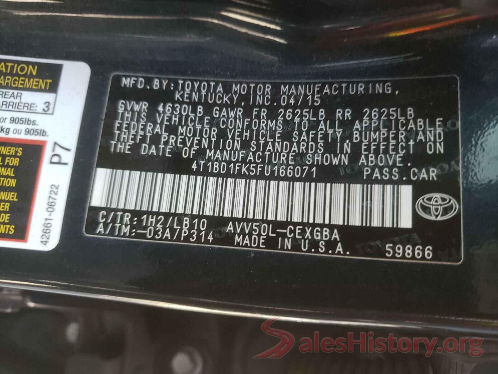 4T1BD1FK5FU166071 2015 TOYOTA CAMRY