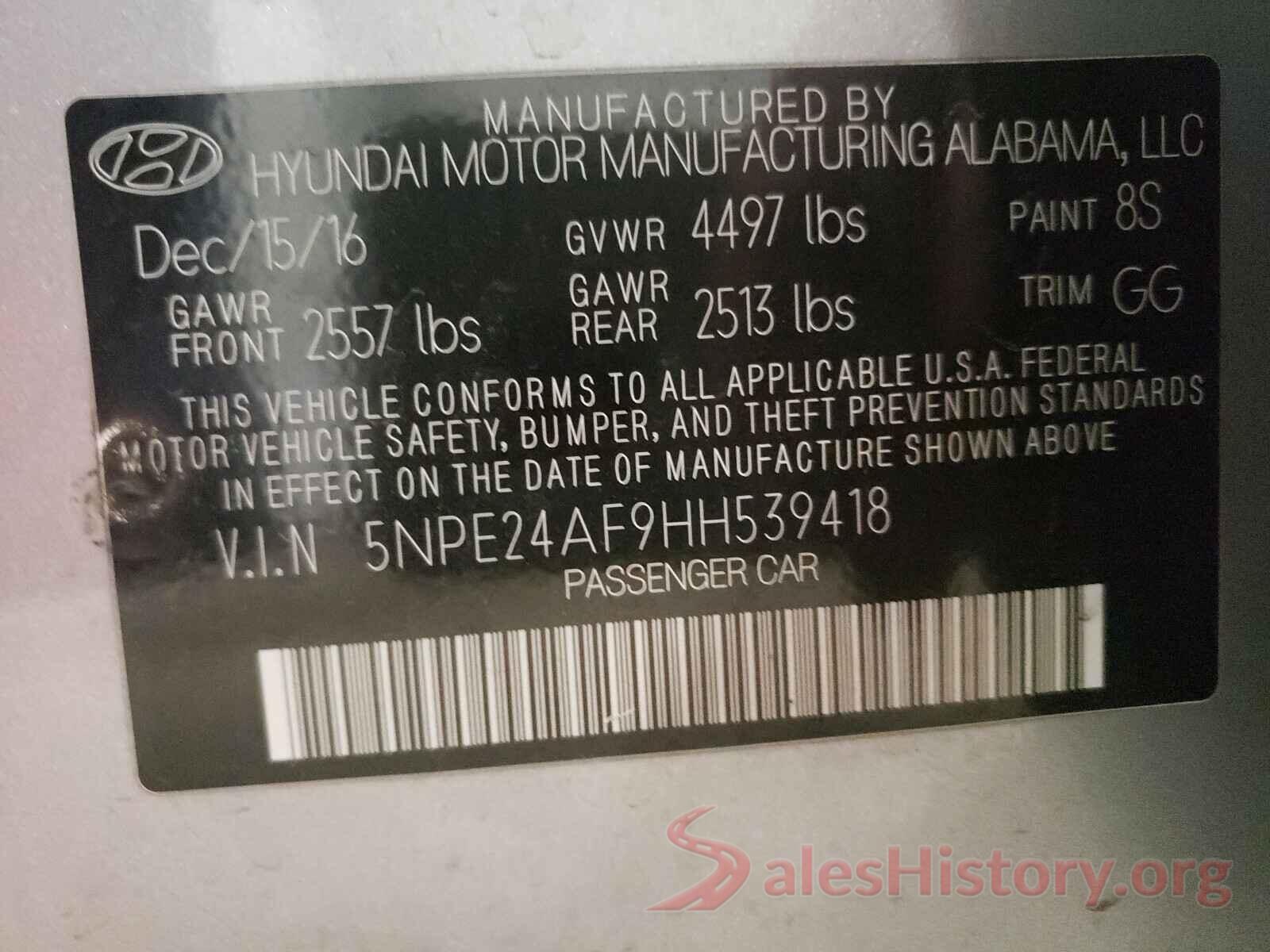 5NPE24AF9HH539418 2017 HYUNDAI SONATA