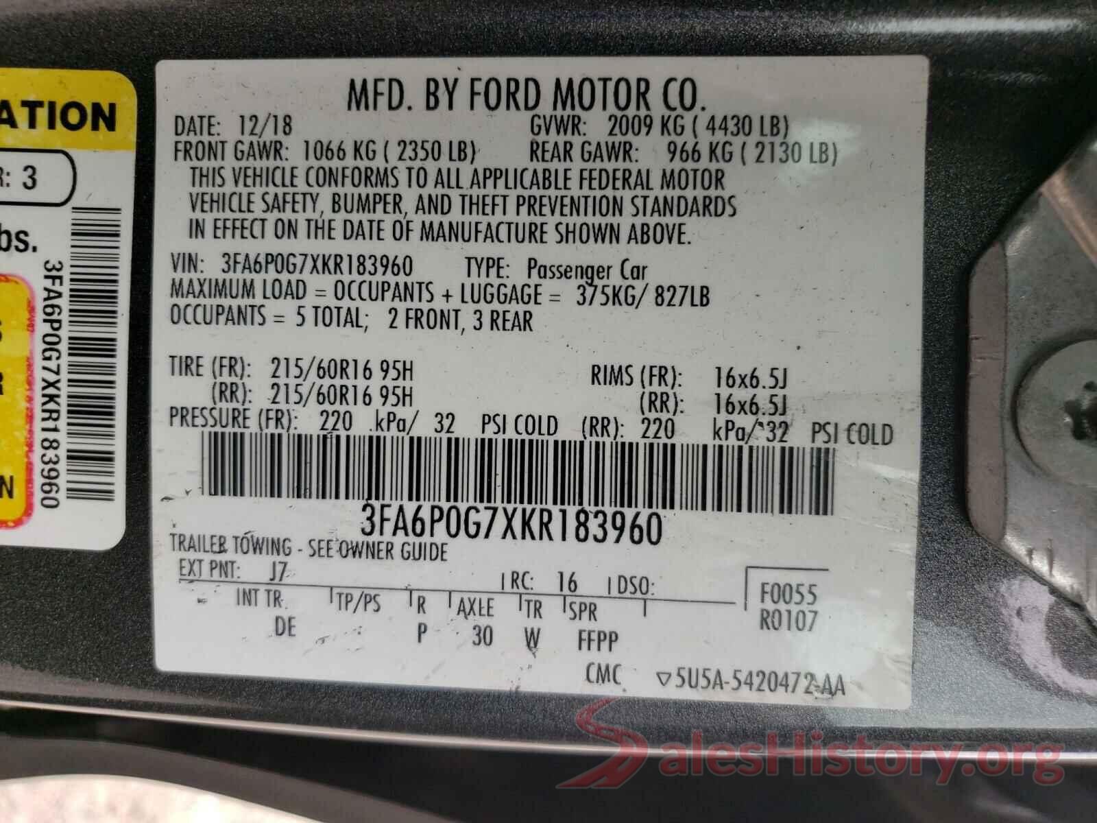 3FA6P0G7XKR183960 2019 FORD FUSION